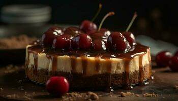 Indulgent homemade berry cheesecake with chocolate sauce decoration generated by AI photo