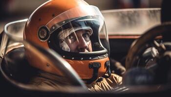 Smiling adult driving motorcycle, wearing work helmet generated by AI photo