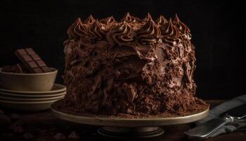 Indulgent homemade chocolate cake on rustic table generated by AI photo
