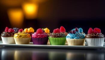 Indulgent cupcakes baked fresh with raspberry icing generated by AI photo