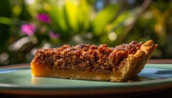 Sweet pie slice on wooden plate, indulgence ready generated by AI photo