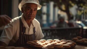 Senior men expertly craft homemade sweet desserts generated by AI photo