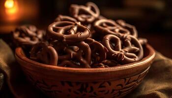 Stack of homemade dark chocolate cookies on table generated by AI photo