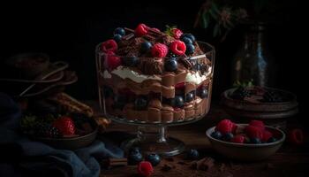 Fresh berry mousse on rustic wooden table generated by AI photo