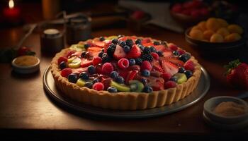 Fresh berry tart, homemade indulgence on wood generated by AI photo