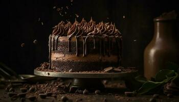 indulgente hecho en casa oscuro chocolate pastel con Fresco Fruta generado por ai foto