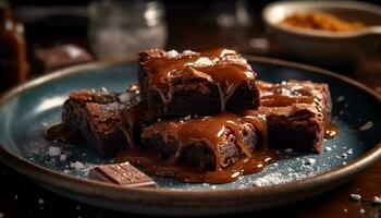 Indulgent homemade brownie stack on rustic wood plate generated by AI photo