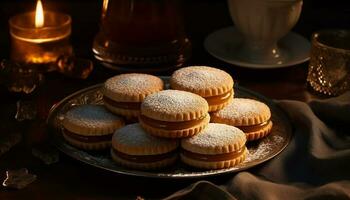 Homemade dark chocolate cookies on rustic wood plate generated by AI photo