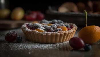 Fresh berry tart on rustic wood plate generated by AI photo