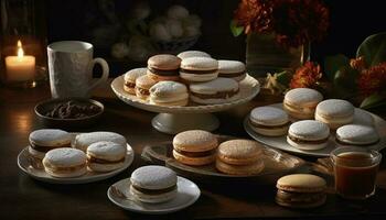 Freshly baked gourmet macaroons on rustic wood generated by AI photo