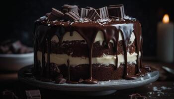 Indulgent chocolate dessert slice on rustic wooden plate generated by AI photo