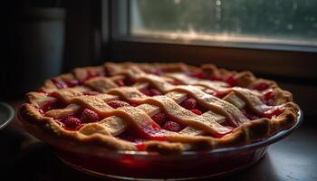 Freshly baked berry tart on rustic wooden table generated by AI photo