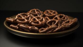 Dark chocolate cookie stack, irresistible indulgence temptation generated by AI photo