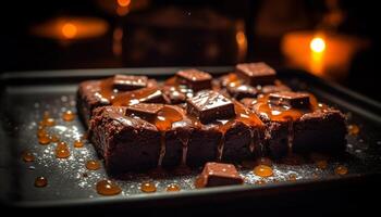 Dark chocolate brownie slice, indulgent dessert stack generated by AI photo