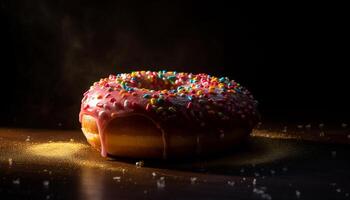 Indulgent donut with chocolate icing and strawberry generated by AI photo