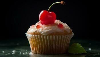 Freshly baked gourmet cupcakes with berry decorations generated by AI photo