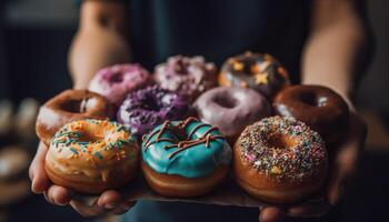 Caucasian hand holding fresh baked chocolate donut generated by AI photo