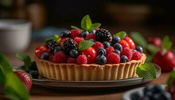 Fresh berry tart with mint leaf decoration generated by AI photo
