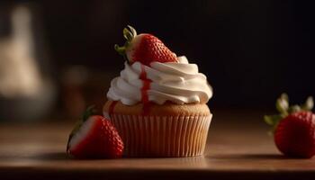 Fresh berry cupcakes, a sweet indulgence indoors generated by AI photo