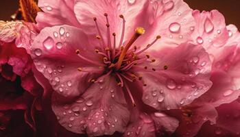 Vibrant hibiscus blossom in wet springtime rain generated by AI photo