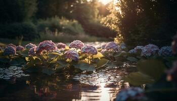 vibrante hortensia florecer refleja en tranquilo estanque generado por ai foto