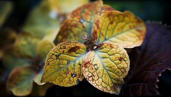 Vibrant autumn leaf pattern in selective focus generated by AI photo