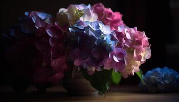 Vibrant hydrangea bouquet brings elegance to indoors generated by AI photo
