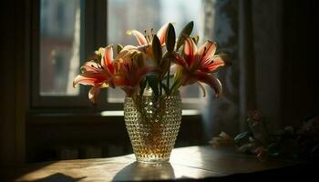 Fresh tulip bouquet brings springtime elegance indoors generated by AI photo