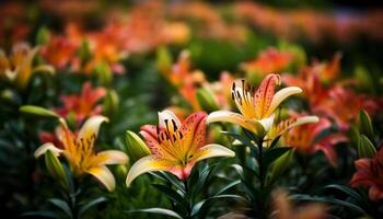 vibrante ramo de flores de rosado y púrpura tulipanes generado por ai foto