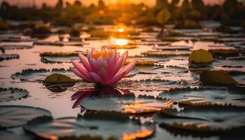 Lotus blossom floats on tranquil pond surface generated by AI photo