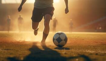 hombres pateando fútbol pelota, compitiendo en campeonato generado por ai foto