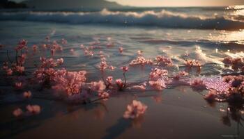 Tranquil scene of pink flower reflection on water generated by AI photo