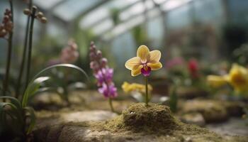 Fresco orquídea florecer en invernadero, belleza en naturaleza generado por ai foto