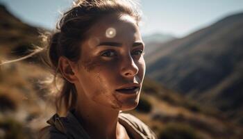 Smiling young woman enjoys summer mountain adventure   generated by AI photo