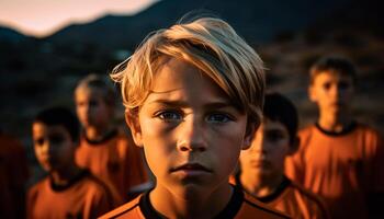 Smiling boys and girls playing soccer together generated by AI photo
