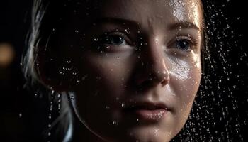 hermosa joven mujer mirando triste en lluvia generado por ai foto