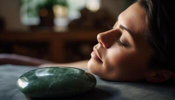 Cute young woman enjoys serene indoor relaxation   generated by AI photo