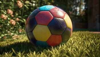 Playing soccer on green grass, achieving success   generated by AI photo