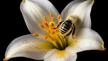 pequeño abeja poliniza Fresco margarita en verano generado por ai foto