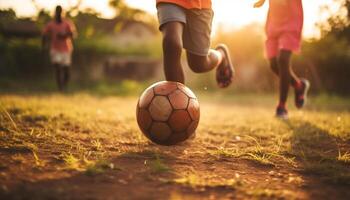 dos Niños pateando fútbol pelota en césped campo generado por ai foto