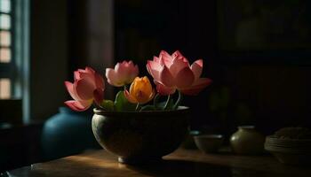 Fresco tulipán ramo de flores en rosado florero adentro generado por ai foto