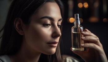 joven mujer participación botella de Fresco perfume generado por ai foto