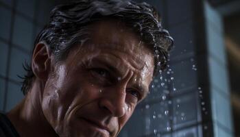 Fresh faced man smiles in shower refreshing rain generated by AI photo