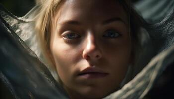 Cute blond beauty looking sad at camera generated by AI photo