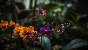 Vibrant butterfly wing on delicate purple petal   generated by AI photo