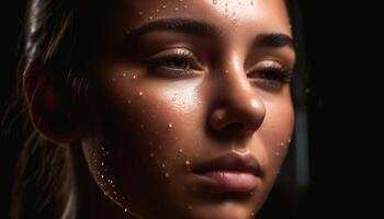 Beautiful caucasian woman looking at camera in rain generated by AI photo