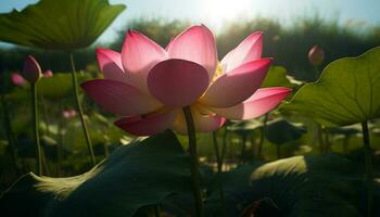Lotus blossom, pink petal, tranquil pond scene   generated by AI photo