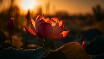 Vibrant lotus blossom in tranquil pond at dawn   generated by AI photo