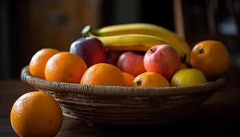 Juicy citrus fruits on rustic wooden table generated by AI photo