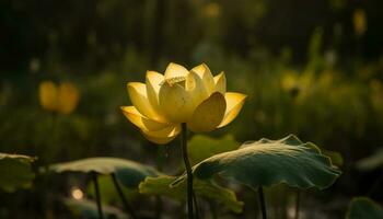vibrante loto florecer en tranquilo acuático ambiente generado por ai foto